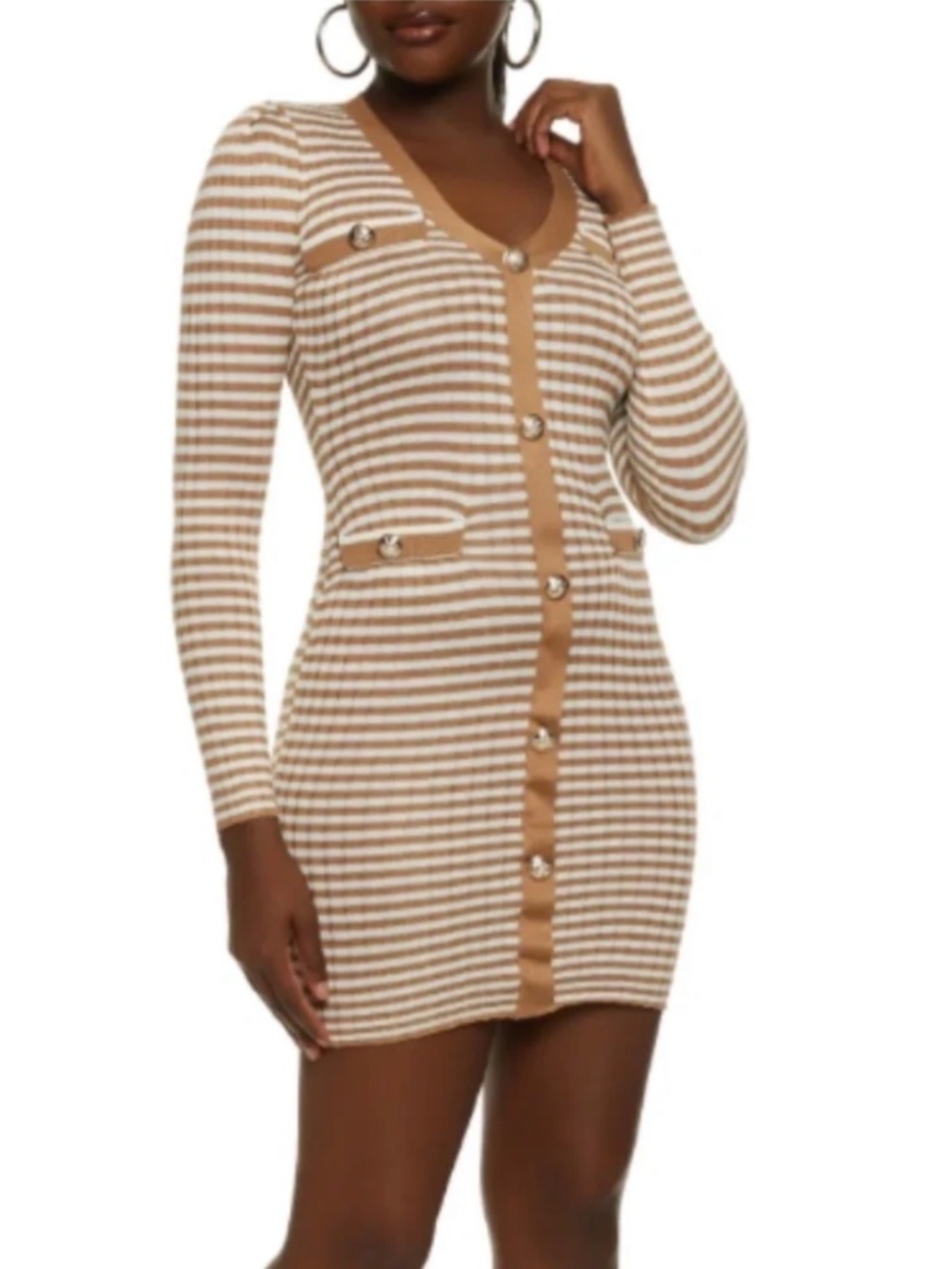 Crave fame Women’s Striped Mini Sweater dress ribbed button down gold office